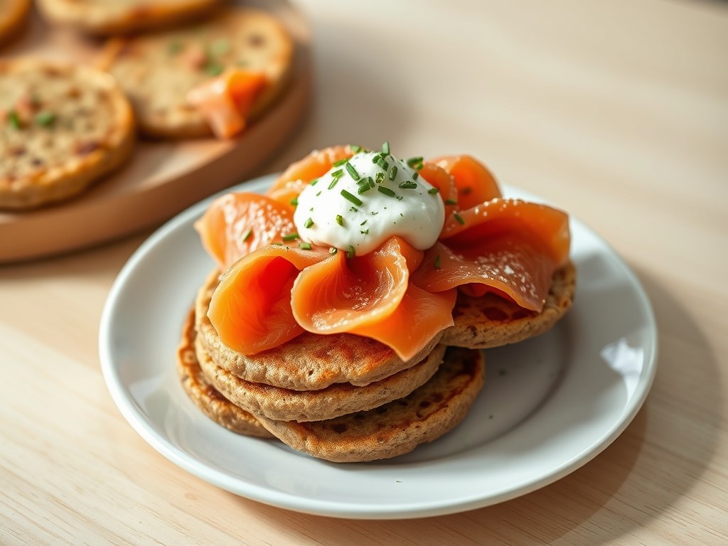 Blini’s van Boekweit-meel met Gerookte Zalm en Mierikswortel, AI-gegenereerde illustratie