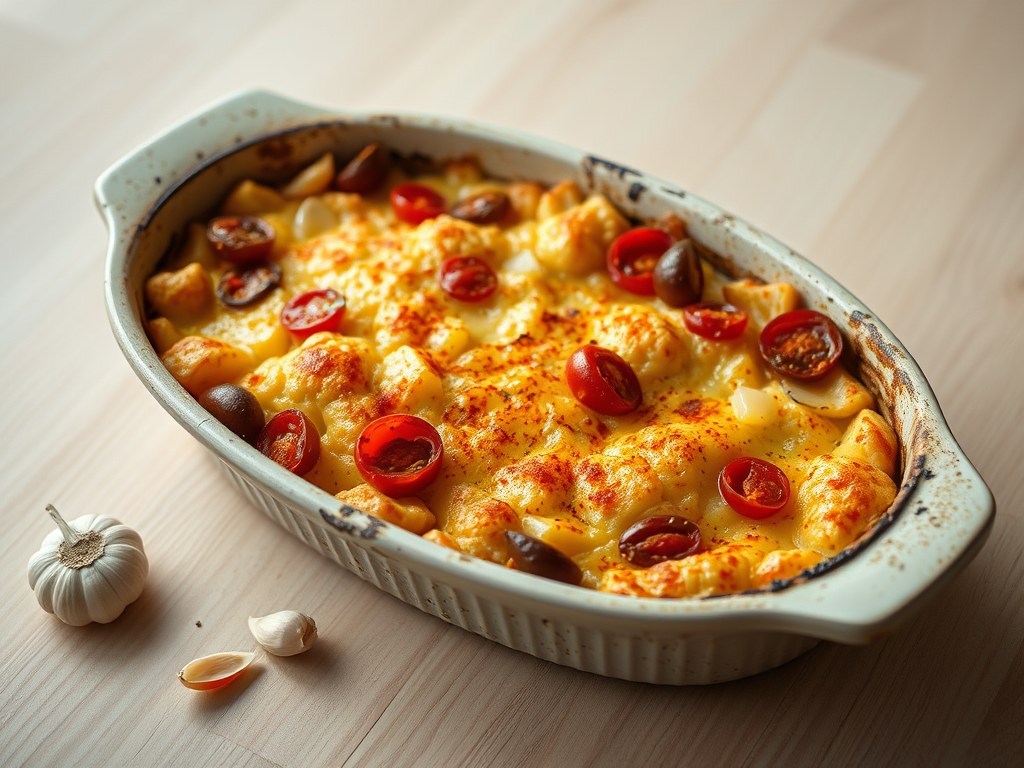 Bloemkool, aardappel & tomaten gratin, AI-gegenereerde illustratie