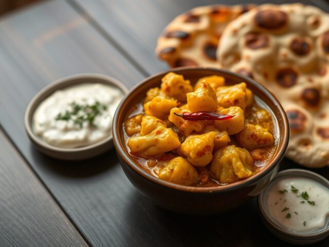 Bloemkool aardappelcurry met zelfgemaakt Naanbrood en Raita