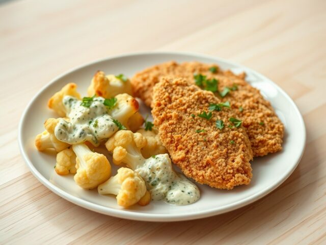 Bloemkool met blauwe kaas en gepaneerde filets