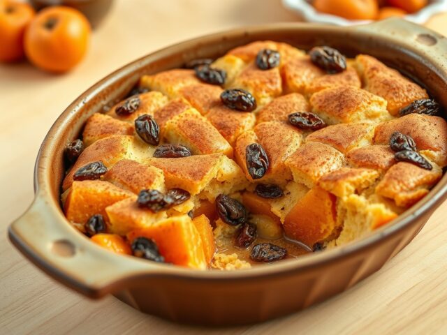 Bodding (broodpudding) met rozijntjes en abrikozen