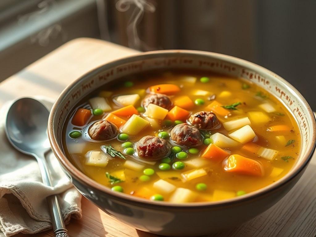Boerengroentesoep met saucijzenballetjes, AI-gegenereerde illustratie