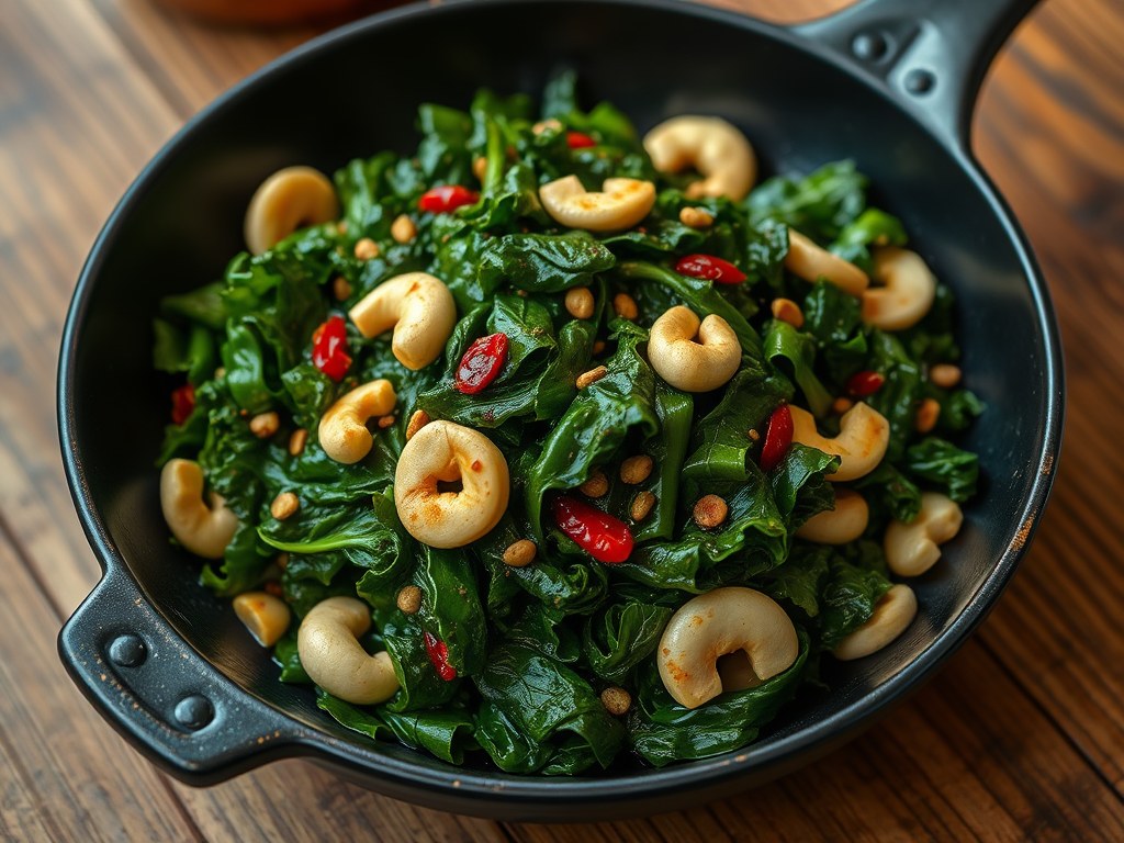 Boerenkool met cashewnoten uit de wok, AI-gegenereerde illustratie