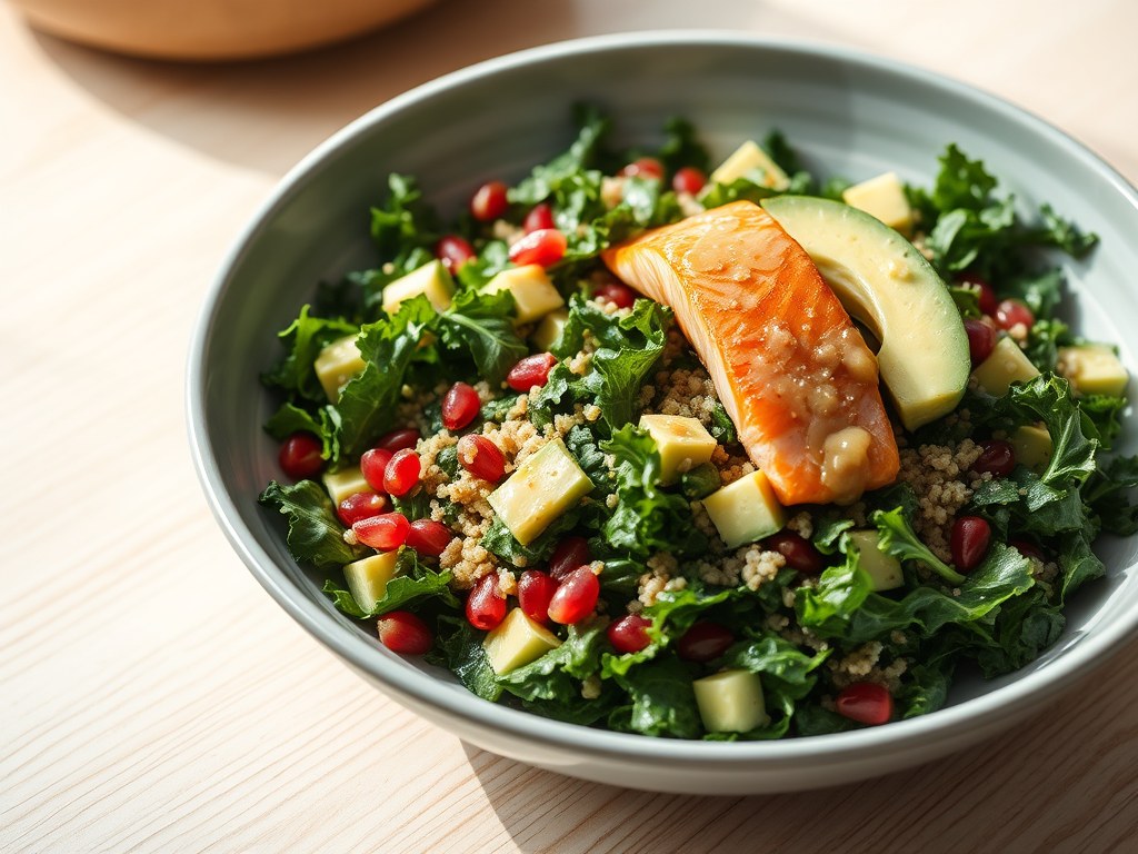 Boerenkoolsalade met quinoa, avocado, granaatappelpitjes en zalm, AI-gegenereerde illustratie