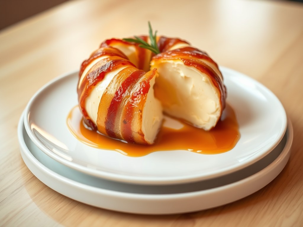 Bombe van brie met bacon en karamelsaus, AI-gegenereerde illustratie