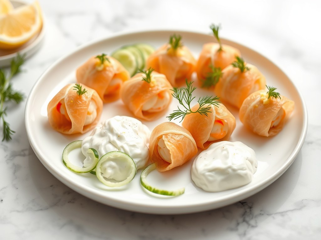 Bonbon van zalm met garnalenpasta, AI-gegenereerde illustratie