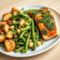 Bonensalade met pesto, gegrilde zalm en gebakken aardappeltjes