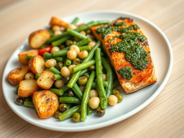 Bonensalade met pesto, gegrilde zalm en gebakken aardappeltjes
