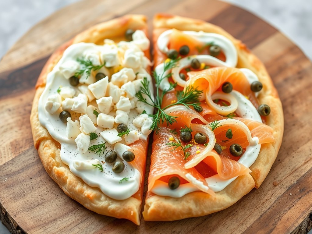 Borrel-Pizza met Geitenkaas en Zalm Duet, AI-gegenereerde illustratie