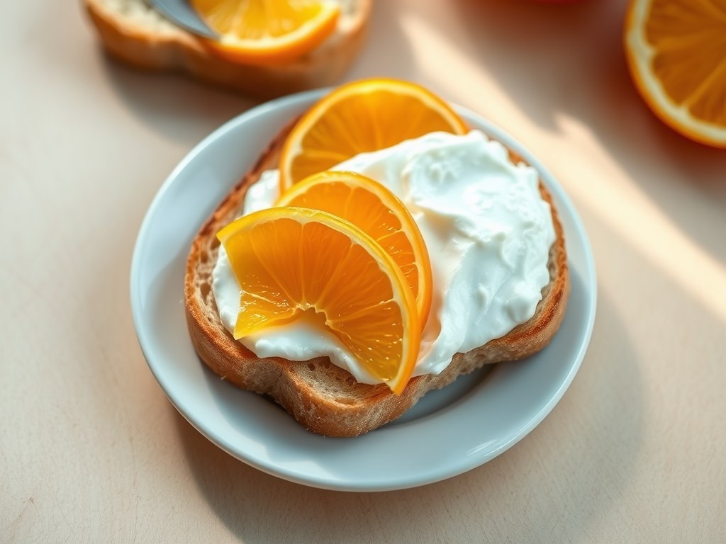Boterham met mascarpone en sinaasappel, AI-gegenereerde illustratie
