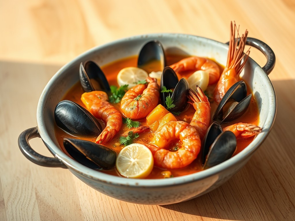 Bouillabaisse met rode poon, AI-gegenereerde illustratie