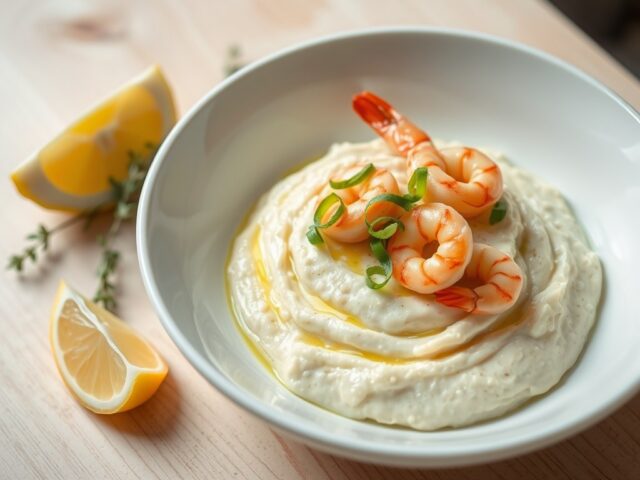 Brandade van kabeljauw met scampi en lente-uitje