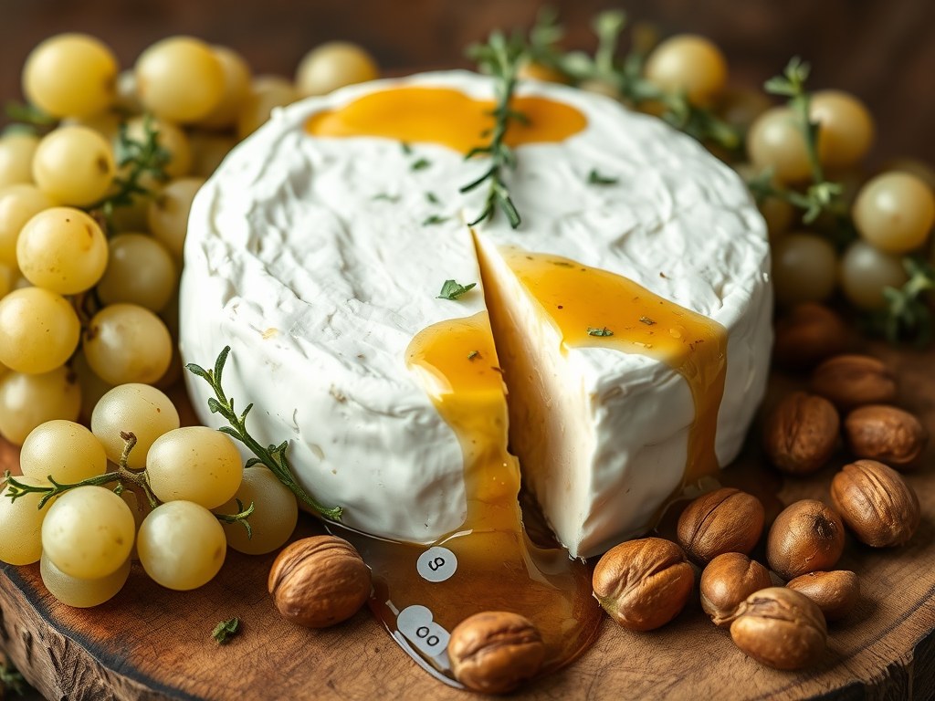 Brie met tijmhoning en druiven, AI-gegenereerde illustratie
