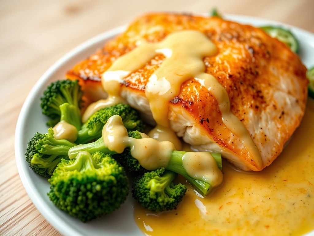 Broccoli met zalm en saffraansaus, AI-gegenereerde illustratie