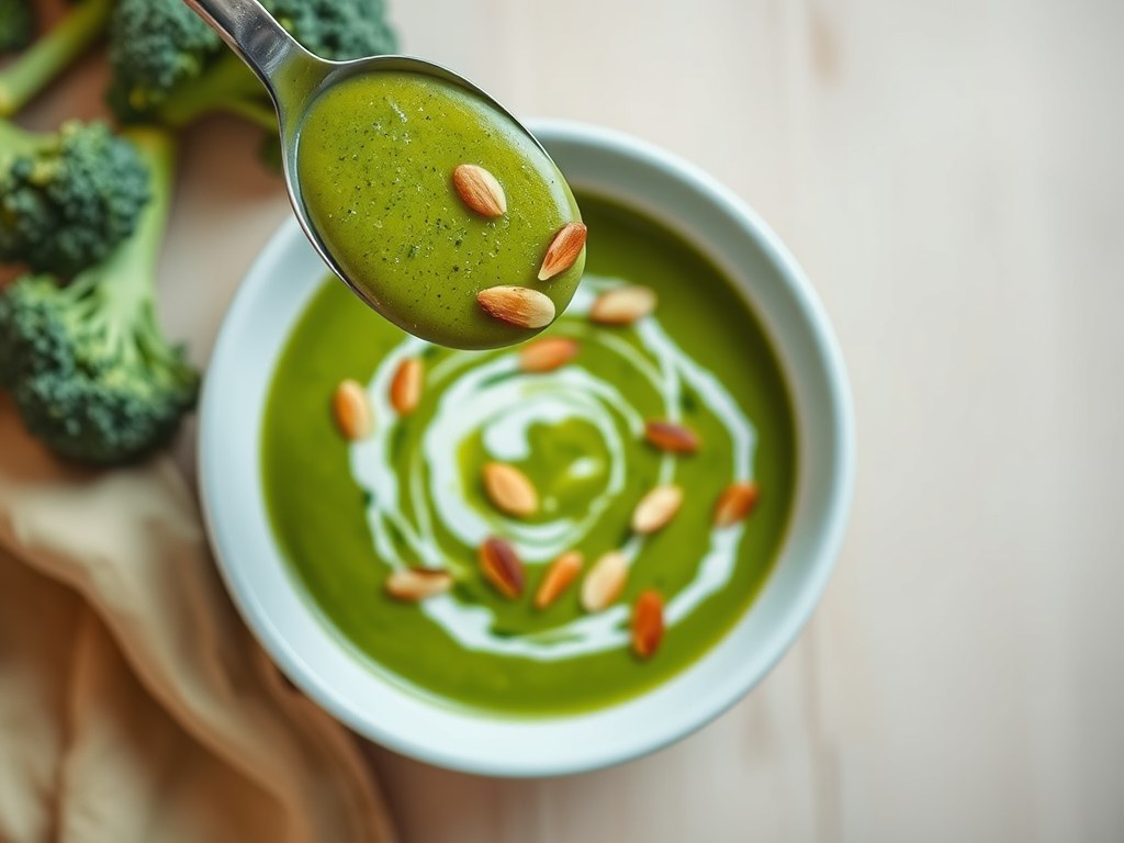 Broccolisoep met geroosterde amandel, AI-gegenereerde illustratie