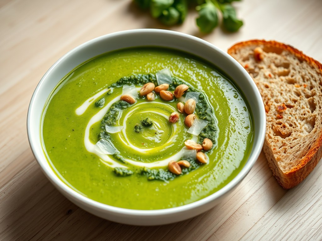 Broccolisoep met pesto en volkorentoast, AI-gegenereerde illustratie