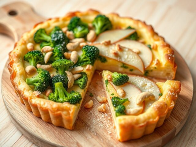 Broccolitaart met peer en cashewnoten.