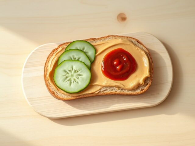 Brood met pindakaas, komkommer en sambal