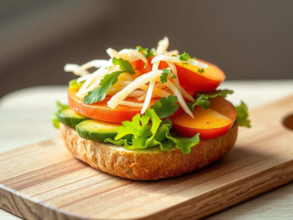Broodje avocado met surimi en perzik, AI-gegenereerde illustratie