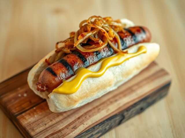 Broodje braadworst met moterd en uien