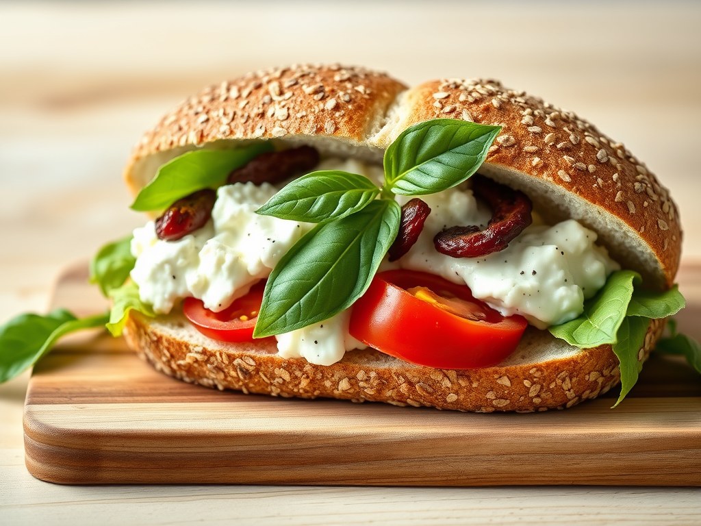 Broodje met gekruide Hüttenkäse, AI-gegenereerde illustratie