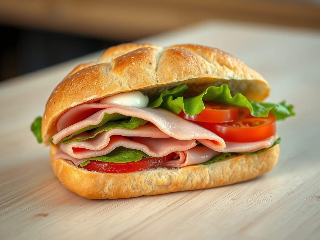Broodje warme beenham, AI-gegenereerde illustratie