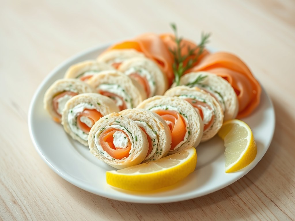 Broodrolletjes met roomkaas en zalm, AI-gegenereerde illustratie