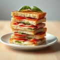 Broodtorentjes met kaas, ham, pesto en tomaat