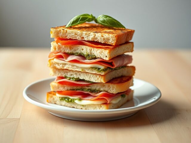 Broodtorentjes met kaas, ham, pesto en tomaat