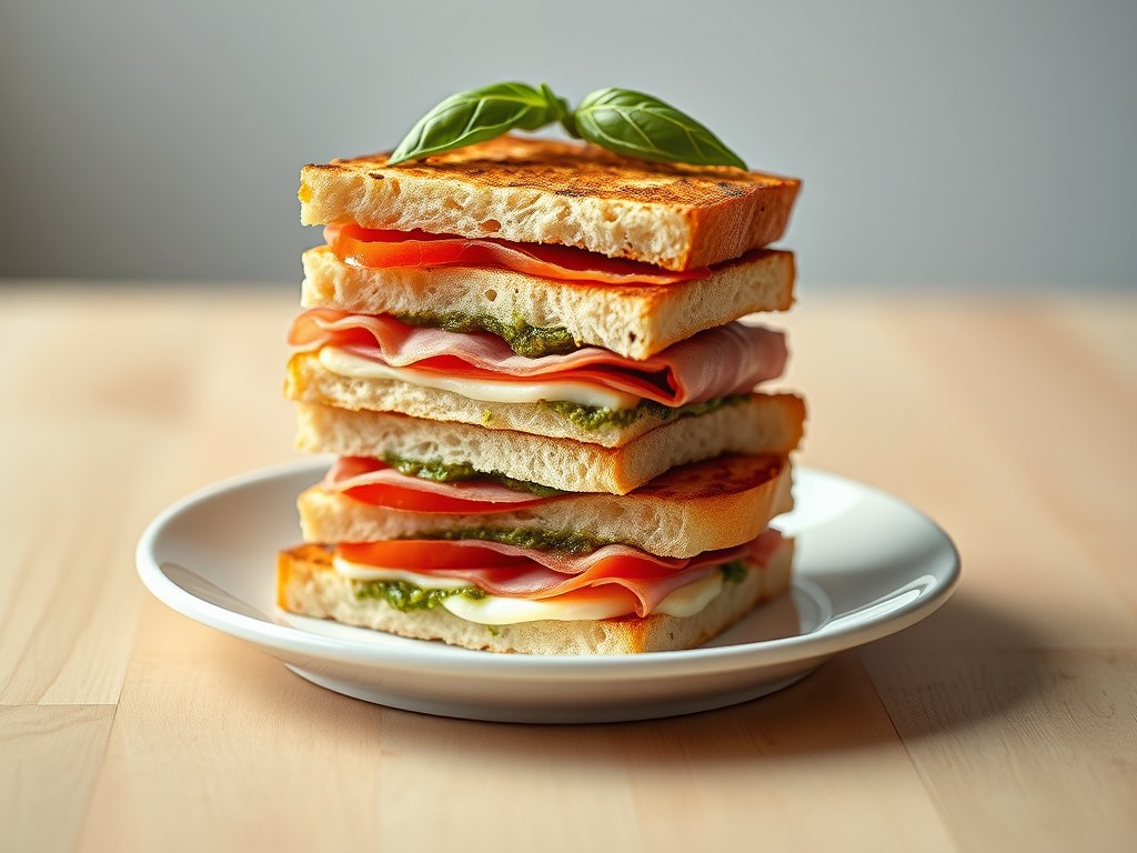Broodtorentjes met kaas, ham, pesto en tomaat, AI-gegenereerde illustratie