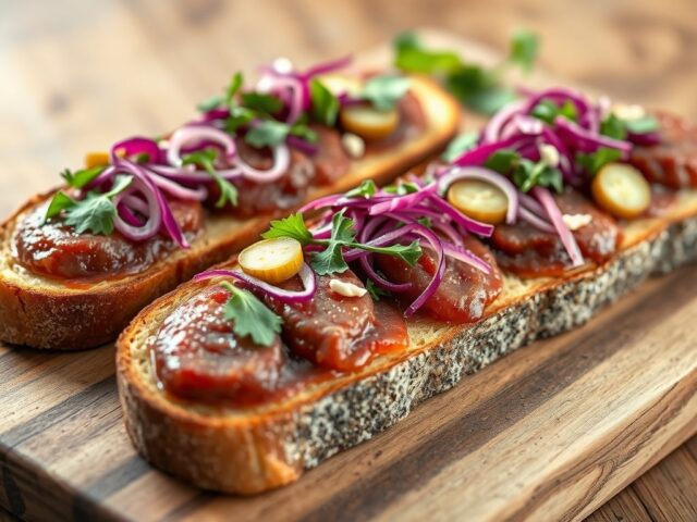 Bruschetta met osseworst en gemarineerde rode kool en ui
