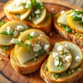 Bruschetta met rucola-pesto, peer en gorgonzola