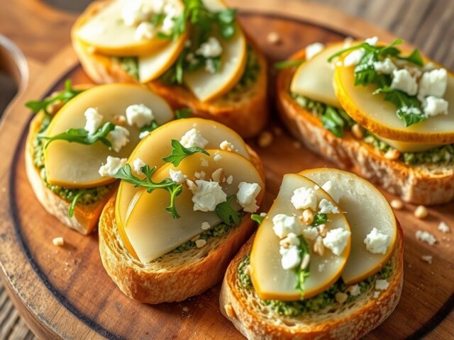 Bruschetta met rucola-pesto, peer en gorgonzola