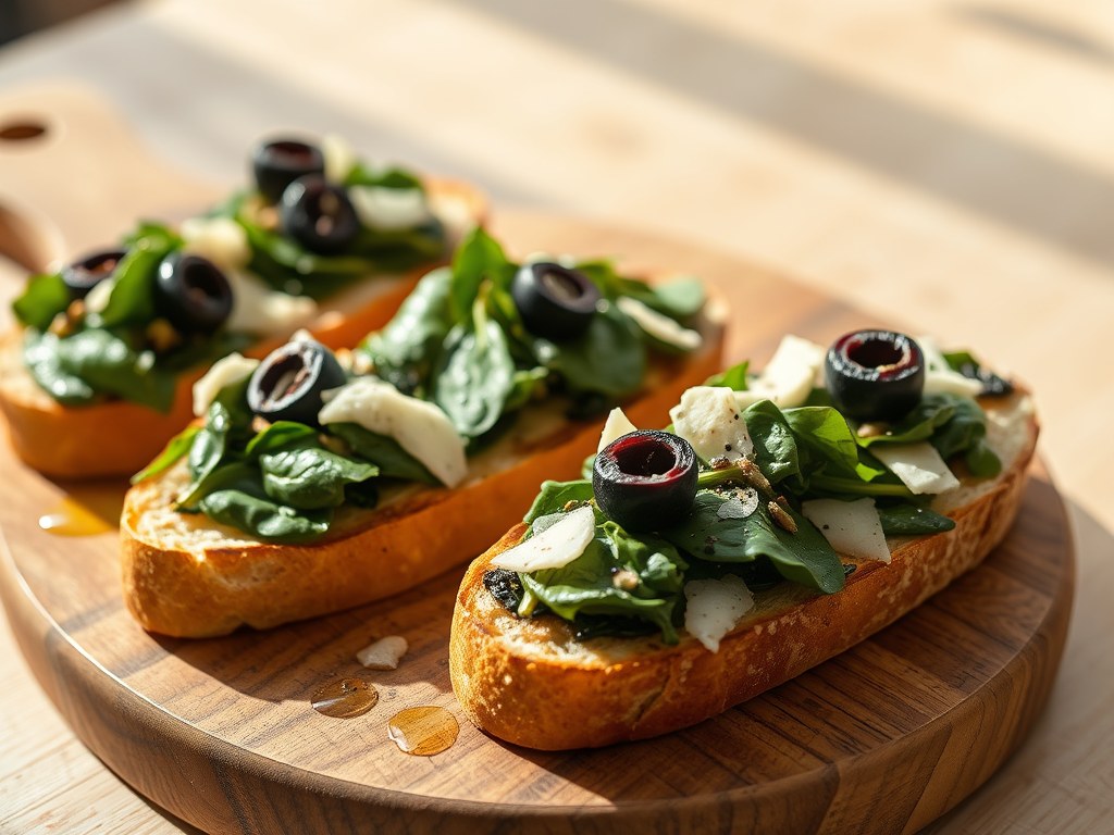 Bruschetta met spinazie, AI-gegenereerde illustratie