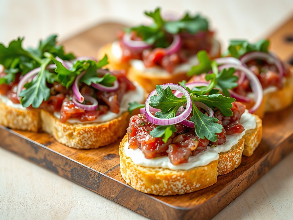 Bruschetta met tartaar, Boursin en rucola, AI-gegenereerde illustratie