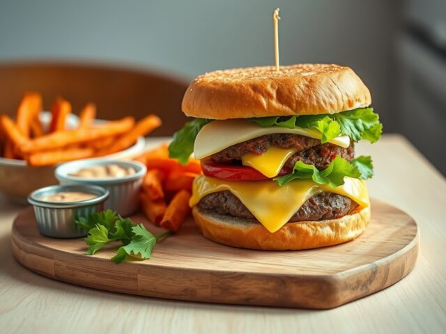 Burger met brie en zoete aardappel, mayonaise met gerookte paprika
