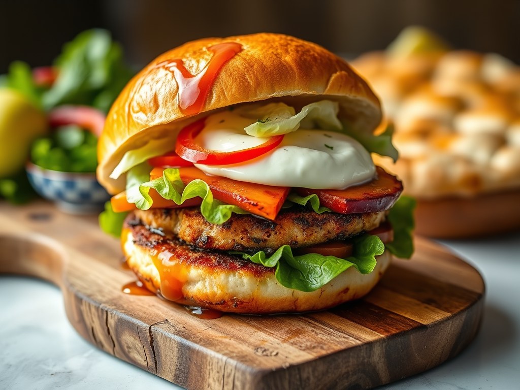 Burger van zeeduivel met mozzarella, AI-gegenereerde illustratie