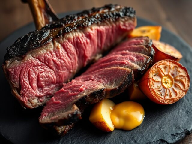 Côte à l’os, geroosterde groenteblokjes, saffraanmayonaise