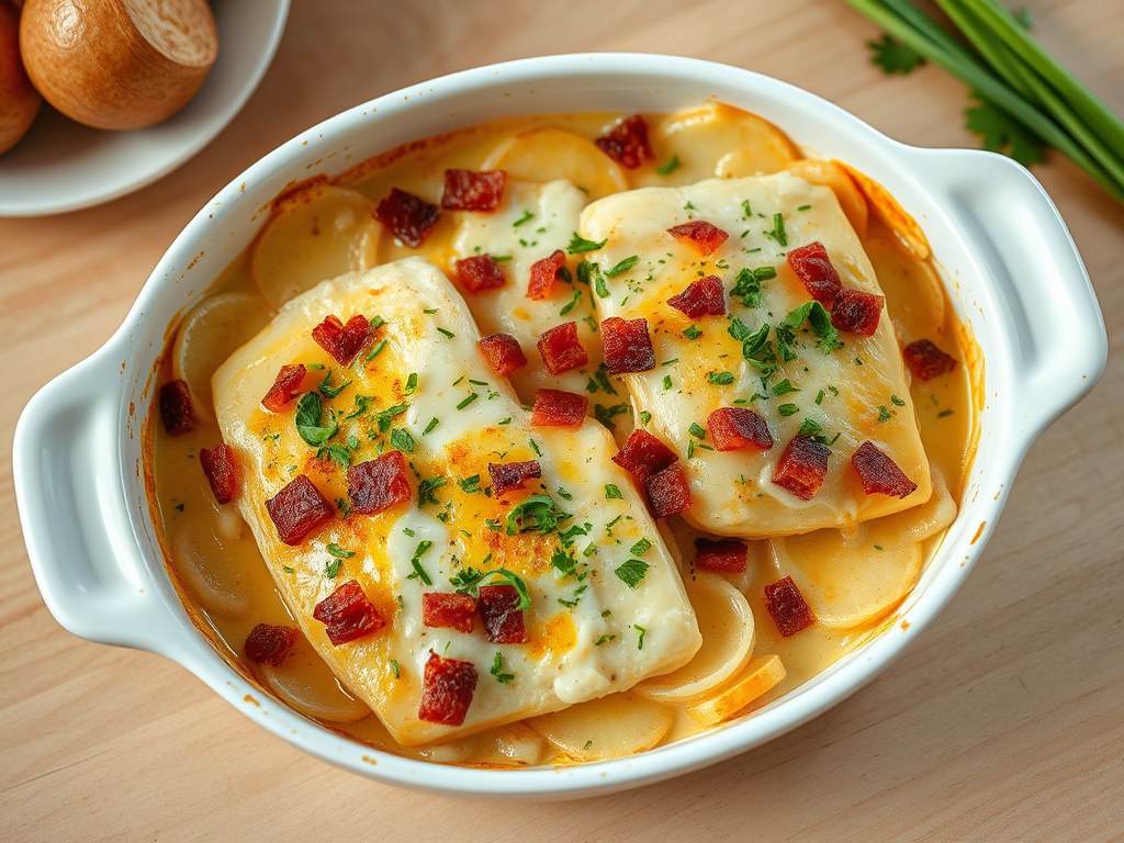 Cabillaud en Gratin (Gegratineerde Kabeljauw), AI-gegenereerde illustratie