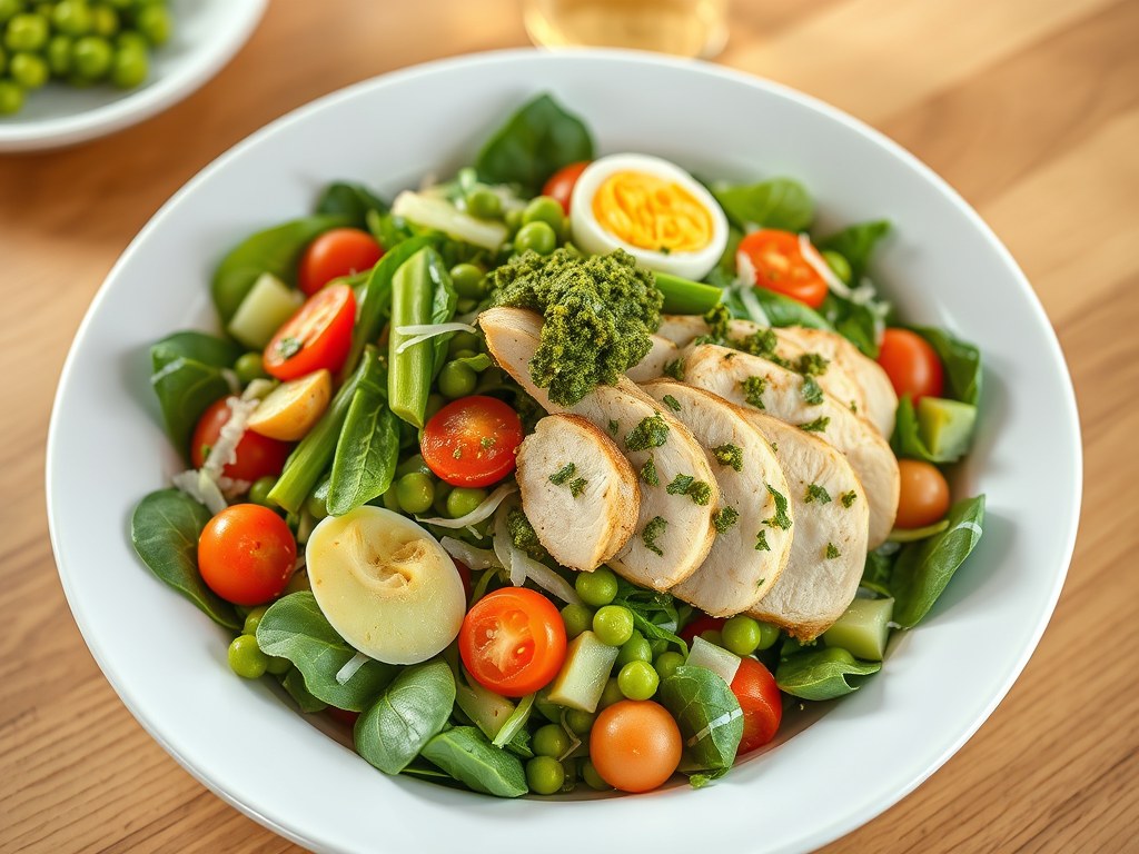 Caesarsalade met kip groene pesto, AI-gegenereerde illustratie