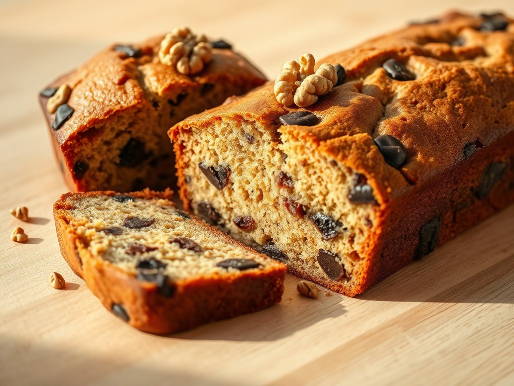 Cake met banaan, chocolade en walnoten, AI-gegenereerde illustratie