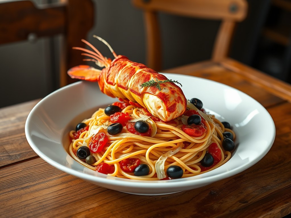 Canadese kreeft met tomaat,olijven en spaghettini, AI-gegenereerde illustratie