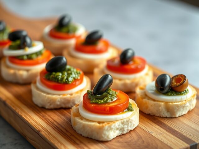 Canapés met mozzarella, tomaat en pesto