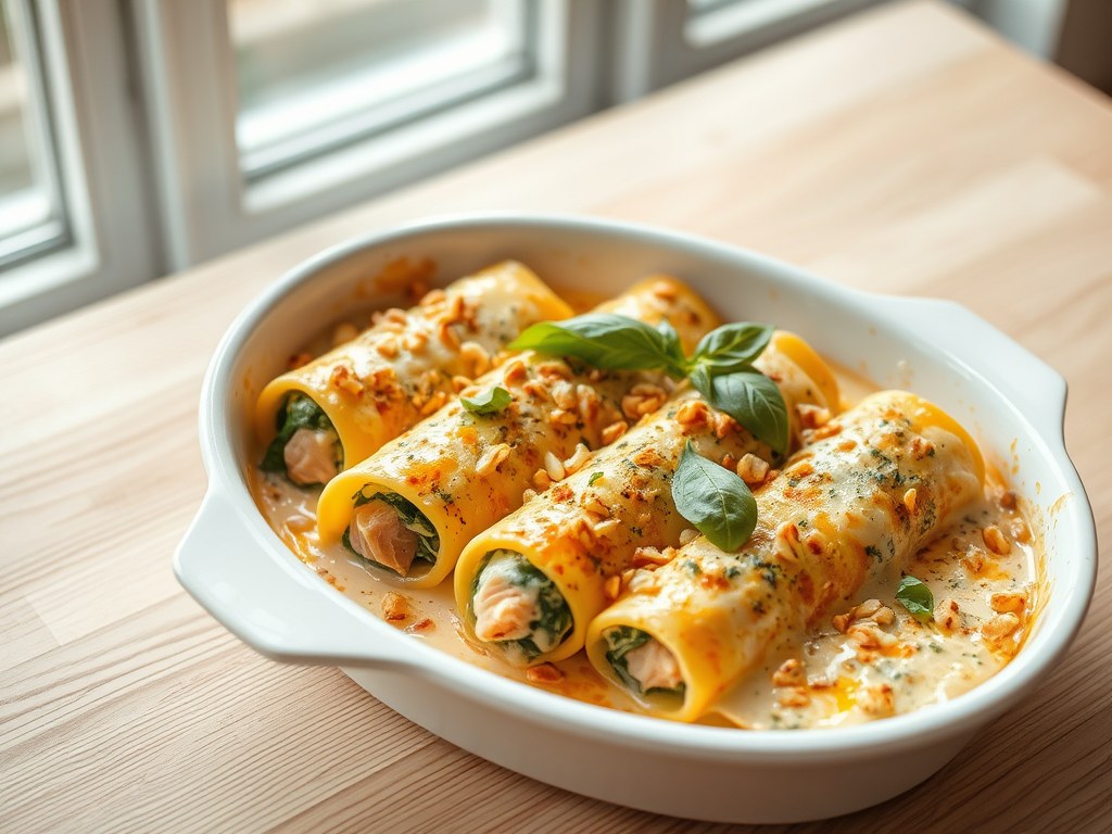 Cannelloni met zalm en spinazie, AI-gegenereerde illustratie
