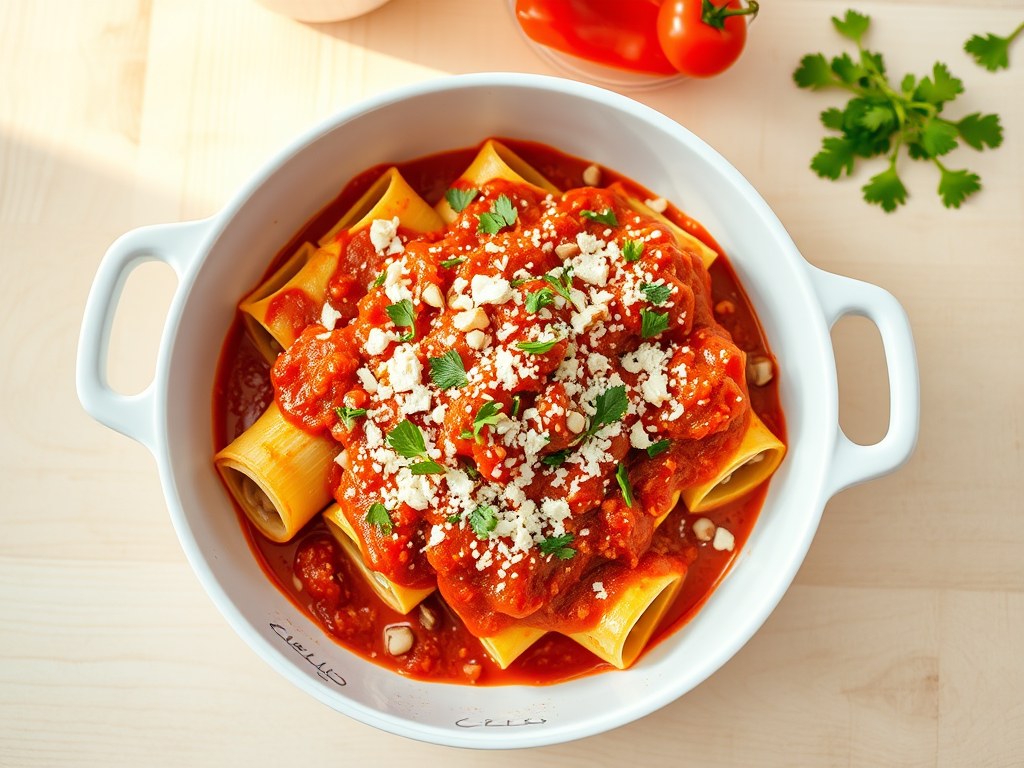 Canneloni met paprikasaus, AI-gegenereerde illustratie