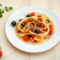 Cappellini met ansjovis, olijven en tomaten