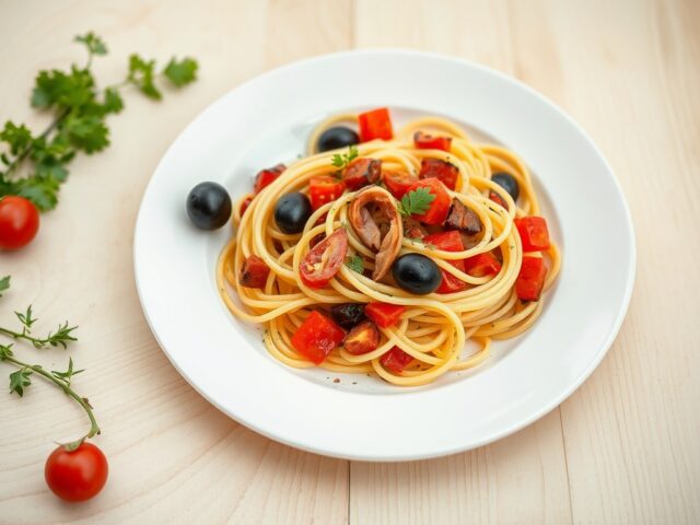 Cappellini met ansjovis, olijven en tomaten