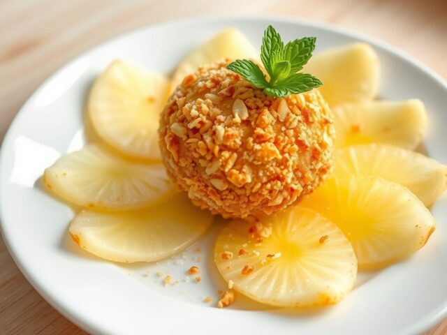 Carpaccio van ananas en gefrituurd ijs