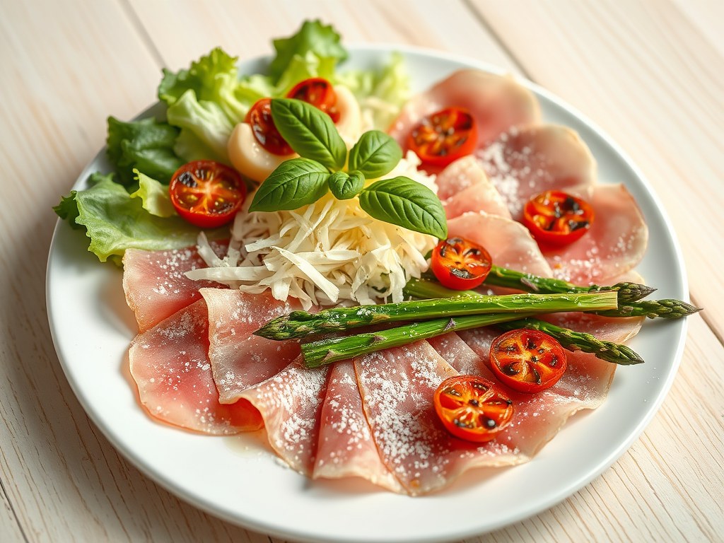 Carpaccio van Ganda ham met gegrilde asperges., AI-gegenereerde illustratie