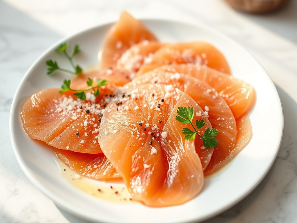 Carpaccio van zwaardvis en zalm, AI-gegenereerde illustratie